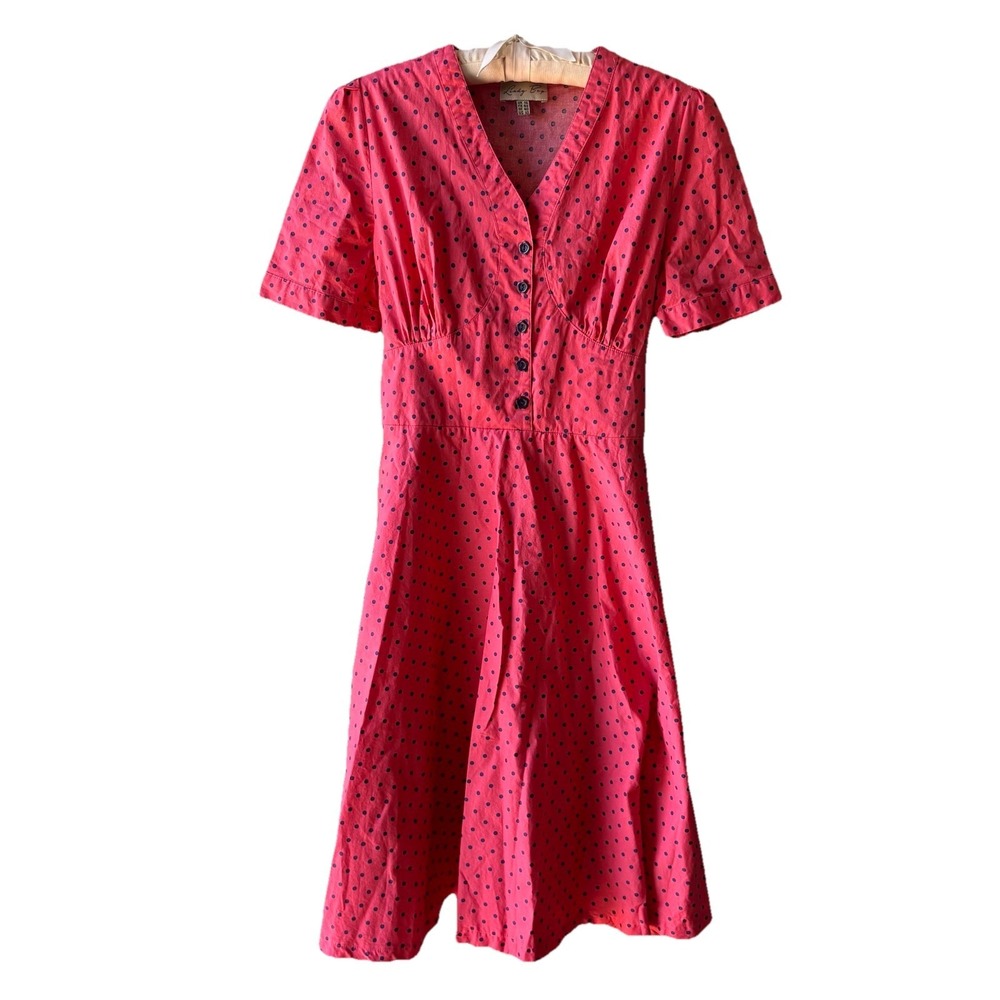 Lindy Bop Ionia Fit & Flare Dress Women's 10‎ Retro Coral Pink Blue Polka Dots